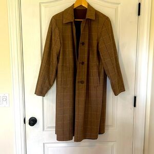Reversible plaid and brown trench coat